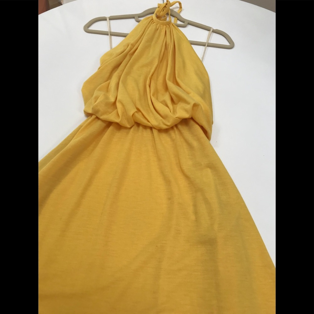 Sexy 70s vintage canary yellow midi halter dress